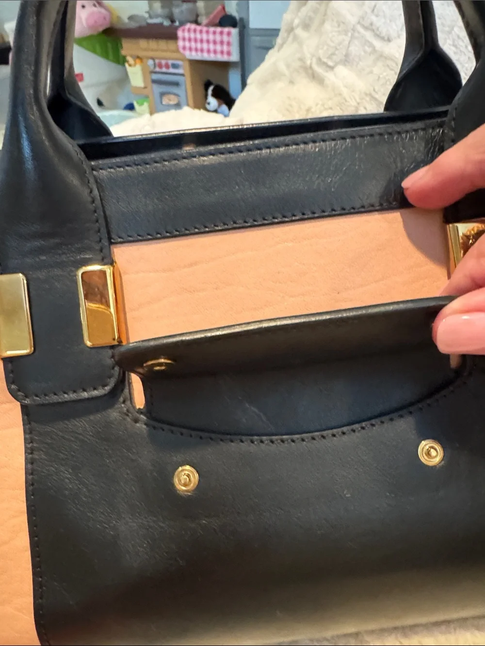 Chloe Black and Blush Pink Leather Satchel with shoulder strap.